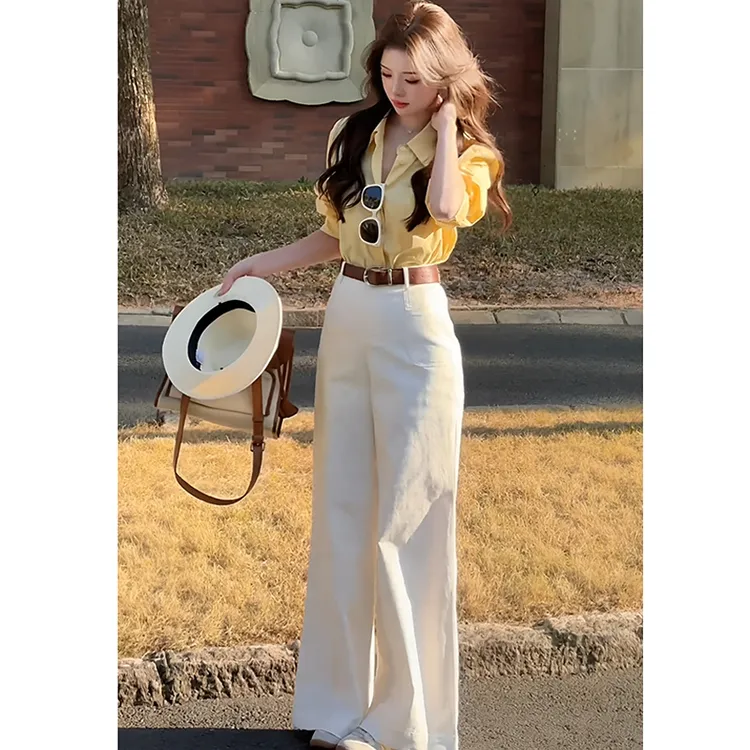 秋季穿搭一整套高级感蓝色衬衫阔腿裤职业两件套装2025年超火女装