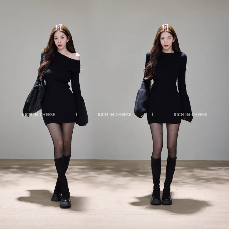 舒胡蕾 古早氛围 秋冬两穿型小众设计感灯笼袖包臀针织收腰连衣裙