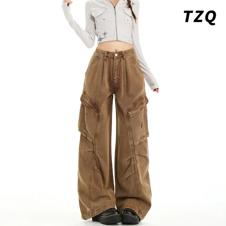 美式高街辣妹阔腿工装裤女2025秋季新款多口袋宽松长裤TZQ2590601