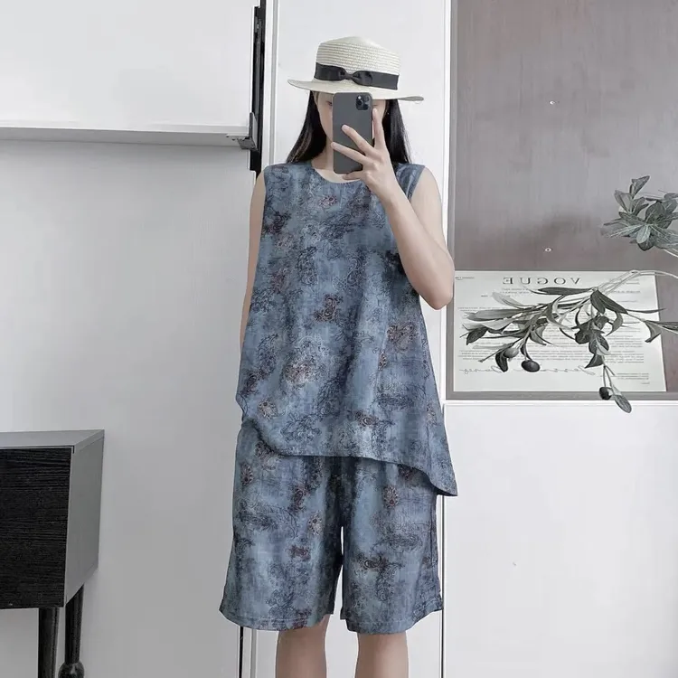 夏季无袖背心棉绸睡衣短袖两件套装女夏天薄款人造棉家居服