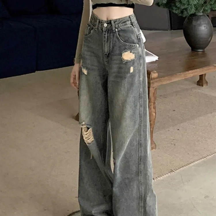 复古破洞直筒牛仔裤女秋夏季大码胖mm设计感百搭宽松高腰阔腿长裤