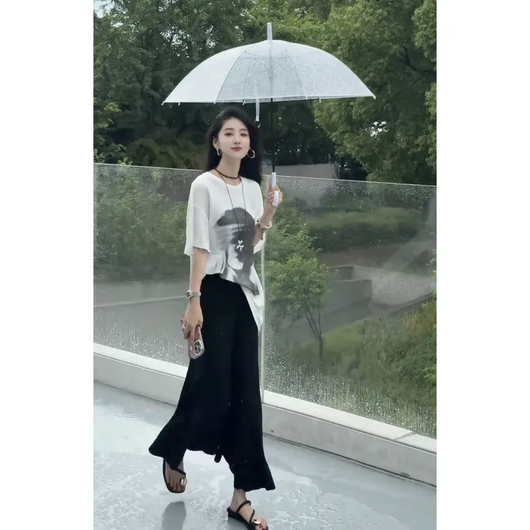 夏季新款时尚休闲T恤+高腰休闲半身裙套装女