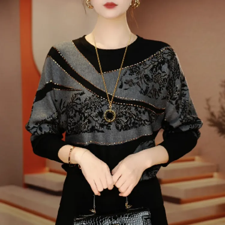 2025秋冬新款高端时尚洋气烫钻针织衫宽松显瘦减龄气质百搭毛衣女