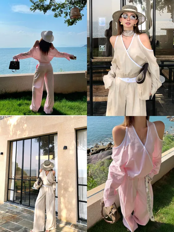 婉君【老钱美学】夏季百搭休闲衬衫长袖露肩V领上衣LWJ25C3TZ2049