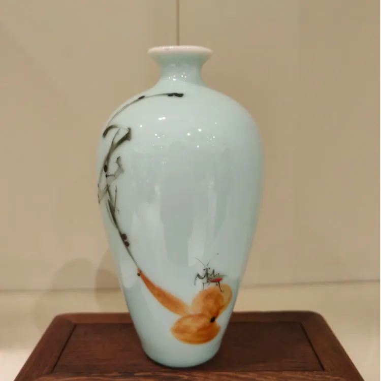 昆仑牌鲁青瓷 窑变釉 小梅瓶 福禄 手绘18.5cm
