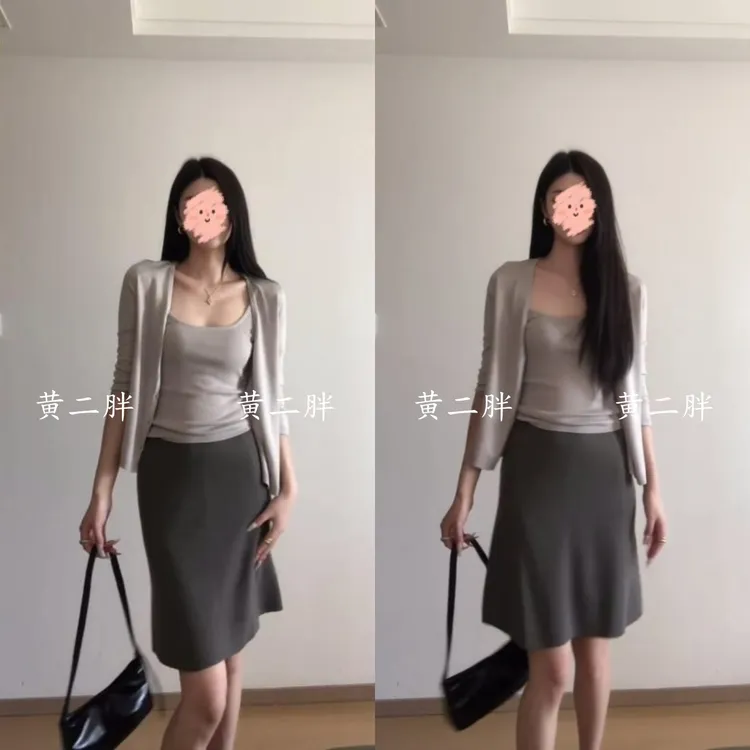 韩式时尚穿搭一整套女秋季新款洋气针织吊带背心长袖开衫+半身裙