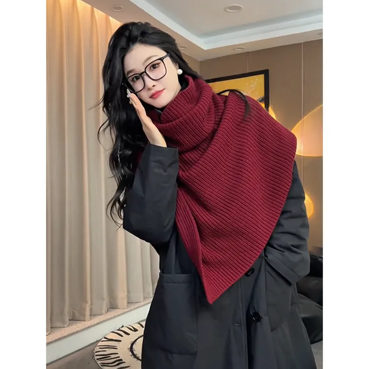 气质复古红百搭针织围脖围巾披肩针织女外搭叠穿保暖脖套开叉围脖