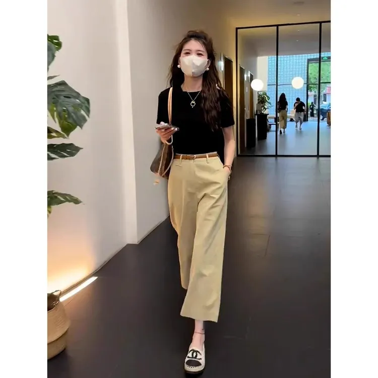 2025超火夏装搭配一整套小香风微胖显瘦高级感黑色t恤休闲裤套装