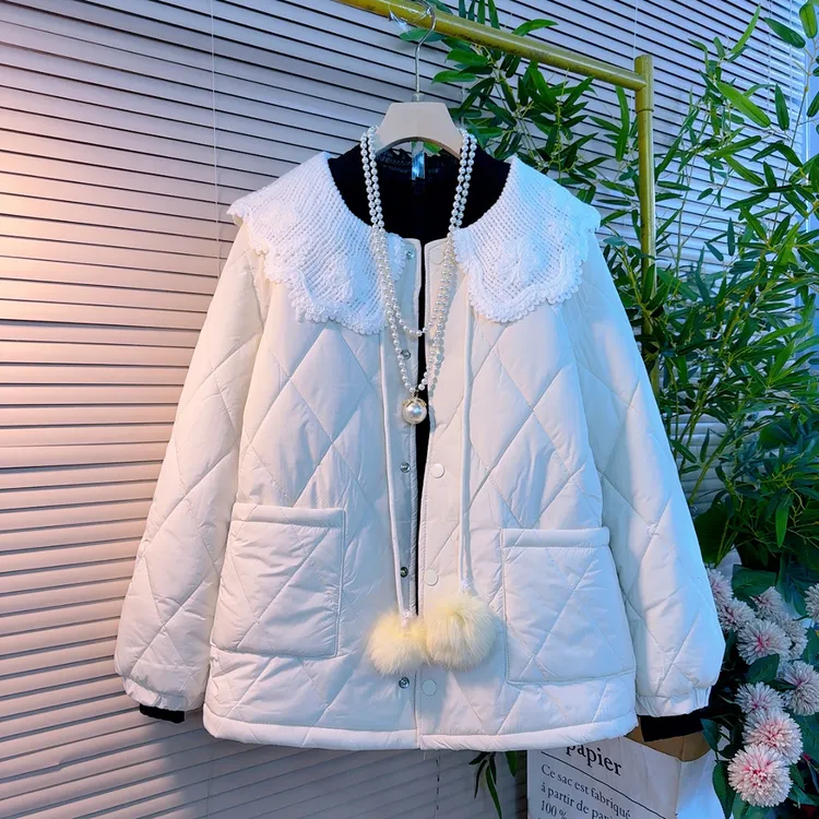 8552胖mm欧货冬季新款娃娃领棱格棉减龄保暖宽松百搭棉服外套