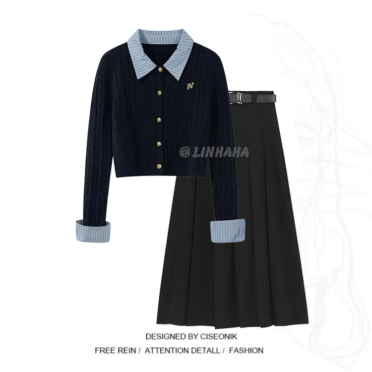 春季大码女装2025新款学院风时尚针织上衣高腰中长款百褶裙两件套