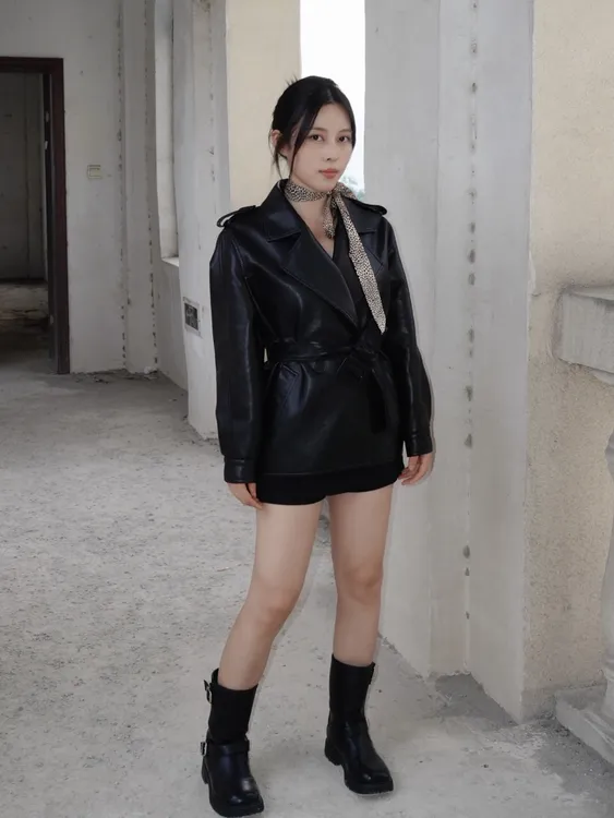 小泥自制^小个子秋冬气质翻领黑色中长显瘦百搭皮衣外套