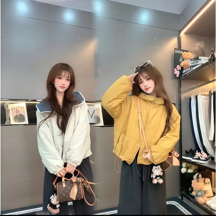 【小禾苗】冬季新款连帽格子拼接棉衣韩系简约纯色下摆抽绳棉服