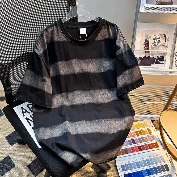 【网红炸街】夏季薄款条纹短袖T恤男拼色圆领休闲潮牌运动青少年