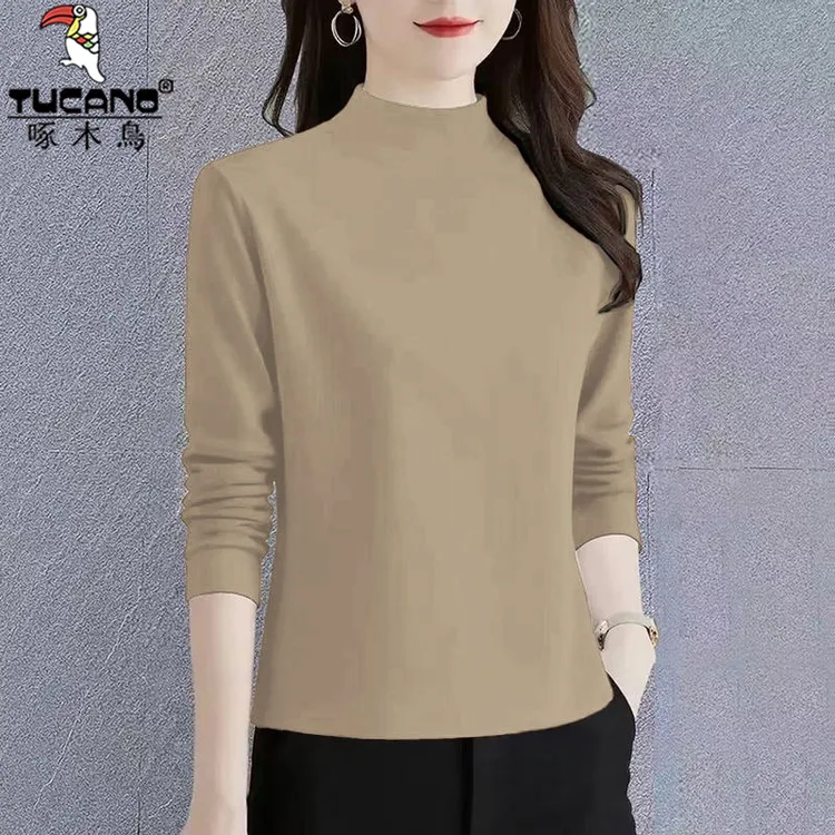 啄木鸟秋冬季大码宽松纯色磨毛加厚保暖半高领打底衫女士内搭德绒