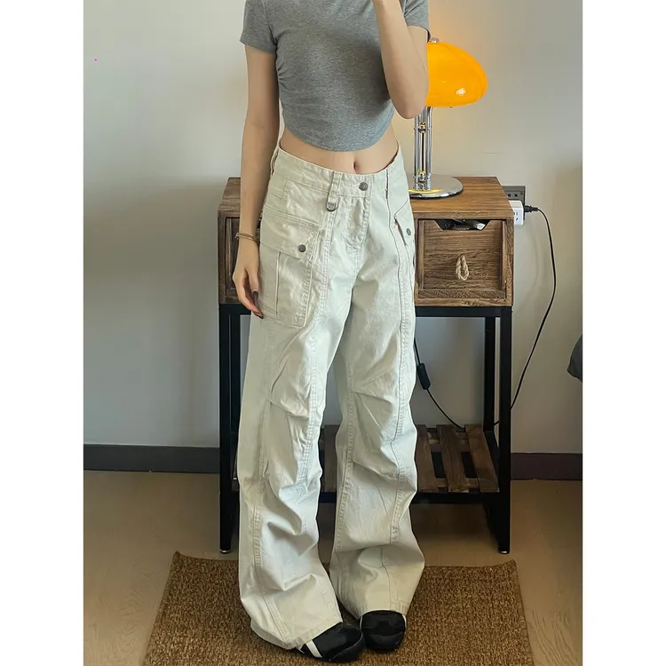 美式复古工装裤高街中腰休闲裤复古长裤高腰显瘦裤子设计感直筒