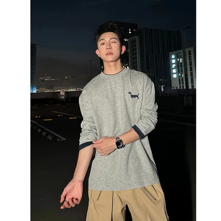 空心小狗刺绣长袖t恤男款春秋美式复古高街设计感重磅打底衫卫衣