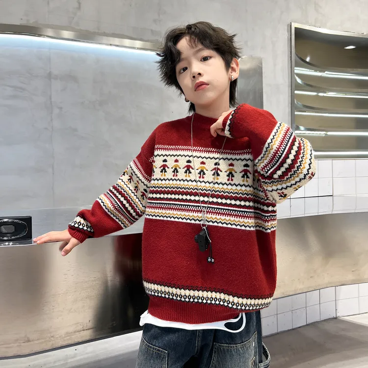 儿童毛衣男童2025新款冬季中大童针织撞色条纹圆领毛衣洋气上衣潮