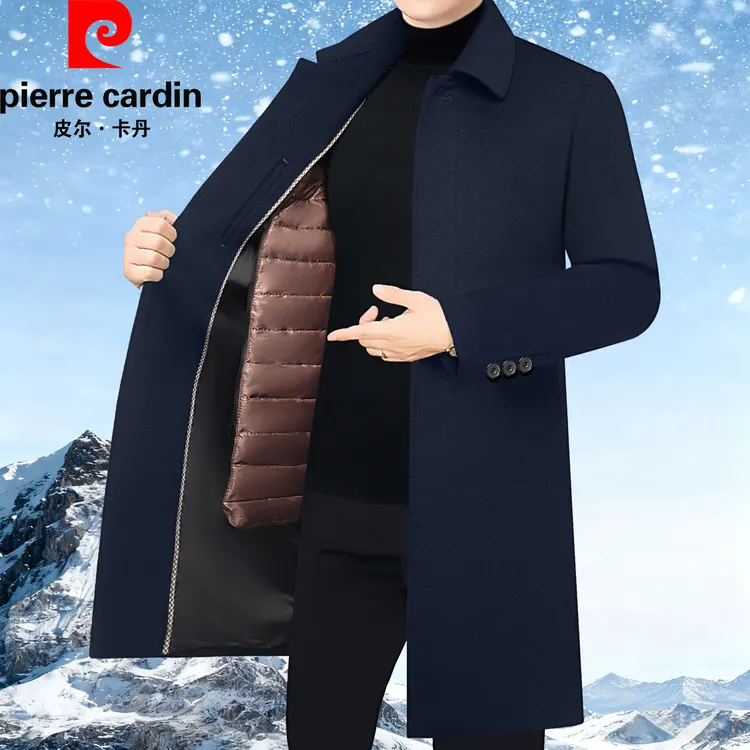 皮尔卡丹羊毛呢大衣男中年秋冬中长款保暖休闲外套加厚棉服爸爸装