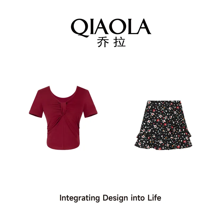 QIAOLA/乔拉【酒心恋神】夏季梭织碎花U领轻奢减龄上衣时尚套装预售