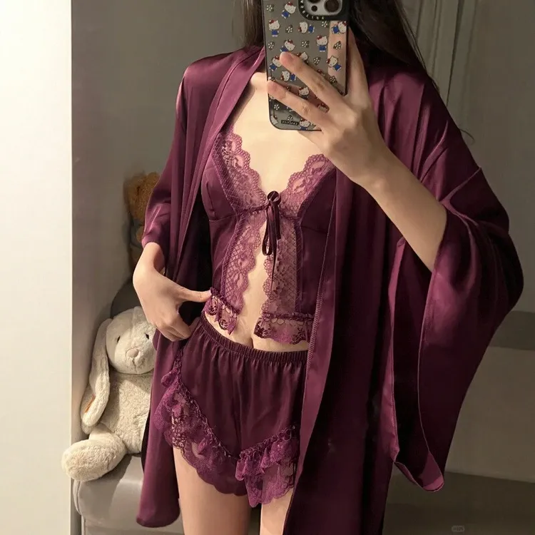 性感紫色蕾丝吊带短裤睡衣女长袖睡袍2025新款家居服夏春秋女士