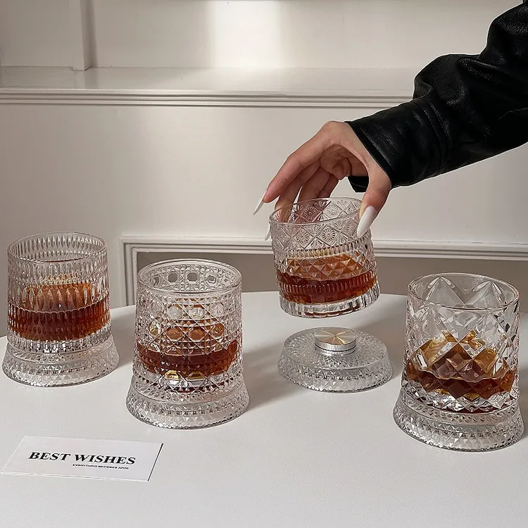 转转杯水晶旋转威士忌酒杯高级感ins白兰地啤酒杯古典洋酒杯送礼