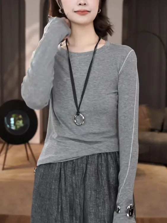 韩版时尚休闲百搭圆领线条设计长袖T恤女2025秋冬新款气质上衣潮