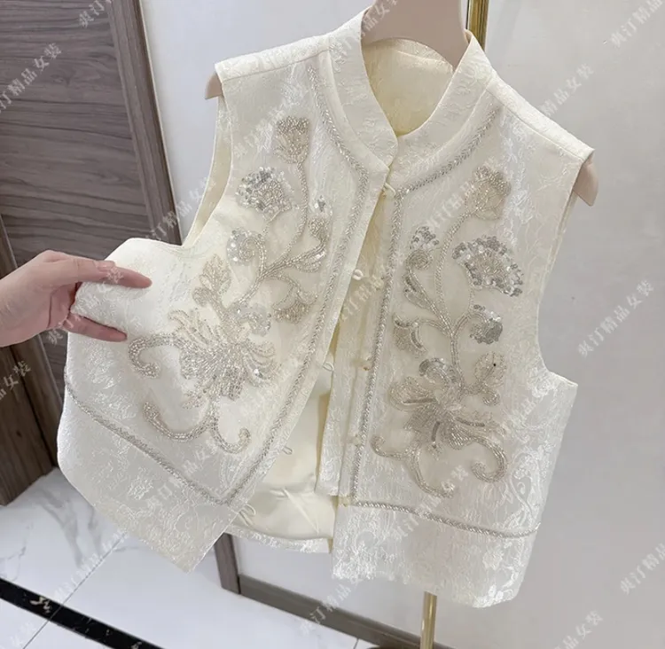 亮片钉珠刺绣花朵女马夹背心ins复古白色洋气立领百搭小个子马甲