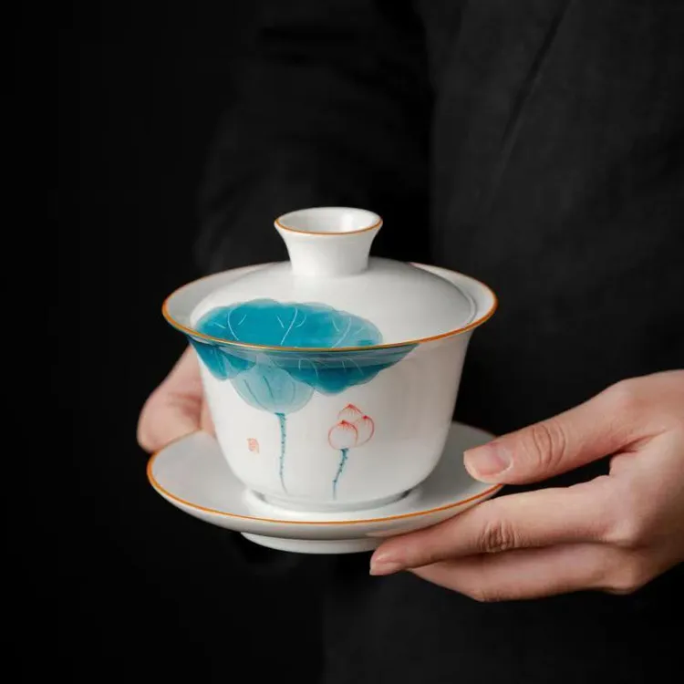 羊脂玉手绘悬停三才盖碗陶瓷功夫茶具大号泡茶器白瓷防烫简约中式
