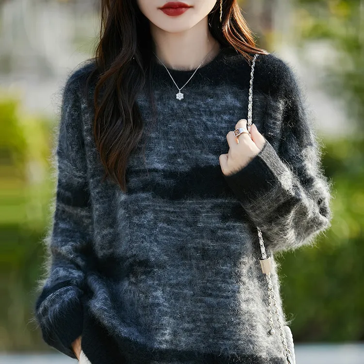 秋冬拉毛花纱女装宽松圆领拉绒羊毛衫上衣洋气落肩袖慵懒针织衫