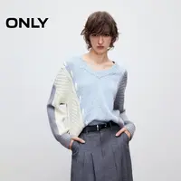 ONLY2025秋季新款宽松落肩V领独特拼接毛衣针织衫女|125313005