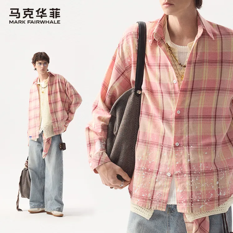 马克华菲美式高级感粉色格子长袖衬衫男士漆点休闲衬衣外套秋季