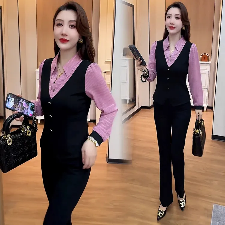 时尚套装女2025秋季新款洋气显瘦假两件衬衣高腰微喇裤减龄两件套