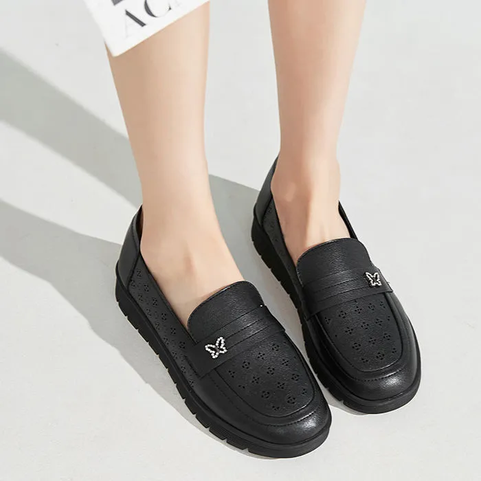 牛皮软底牛筋底舒适单鞋黑色百搭真皮平底胶粘平跟镂空软底妈妈鞋