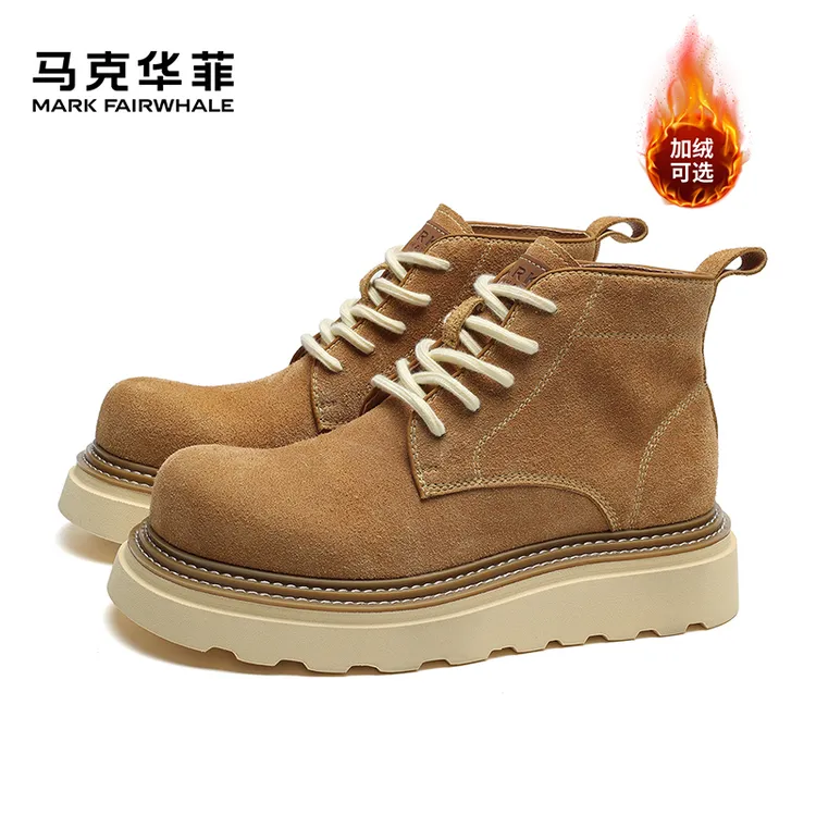 马克华菲头层牛皮马丁靴情侣冬季增高棉鞋户外加绒百搭中帮靴子