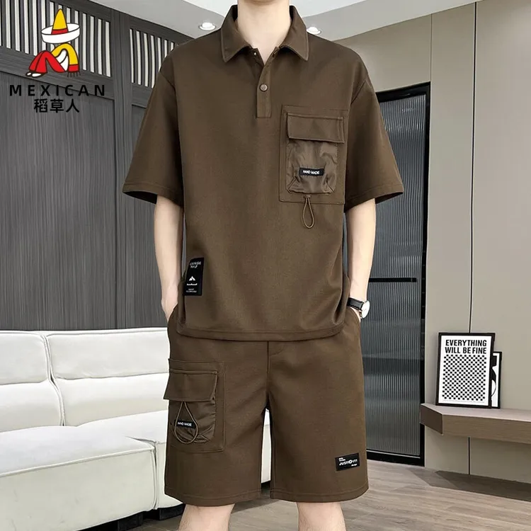 稻草人港风薄款套装男士新款阔版夏季宽松短袖男生舒适衣服高级感