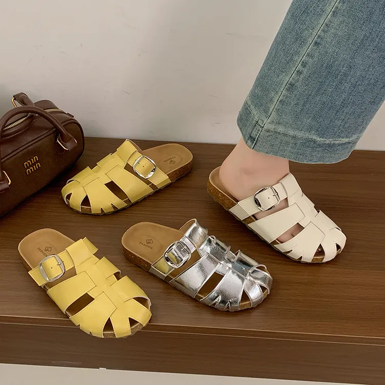 平底包头半拖鞋女夏外穿2025新款编织镂空复古勃肯鞋银色猪笼凉拖