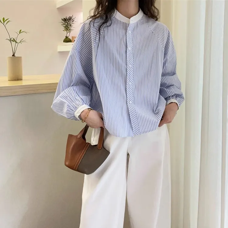 纯棉新款宽松条纹衬衫秋季薄款立领灯笼袖简约时尚韩版复古上衣