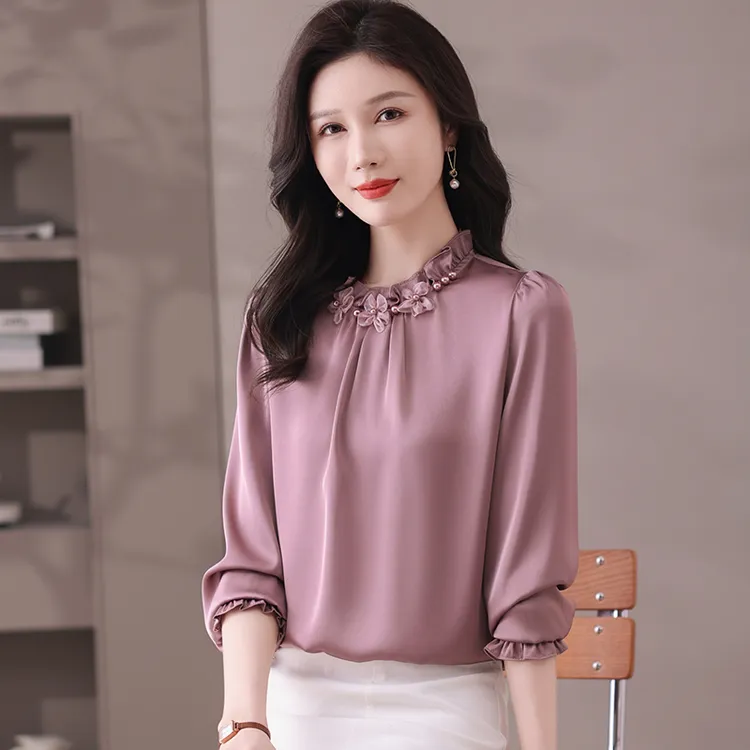 杭州重磅真丝上衣女2025秋季新款纯色衬衫气质大牌长袖桑蚕丝衬衣