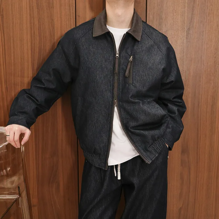 Extfine冬季日子单宁篮拼接皮领夹克羽绒外套男宽松保暖高级感