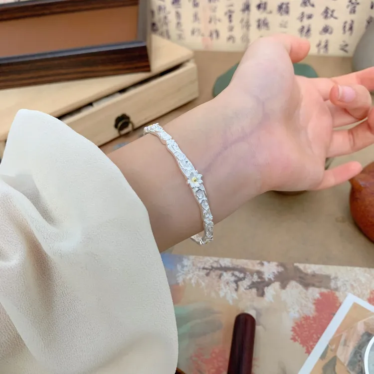 足银手镯 月鲤YUELI银饰 “格桑颂”银缕藤叶 足银999.9 国风手镯