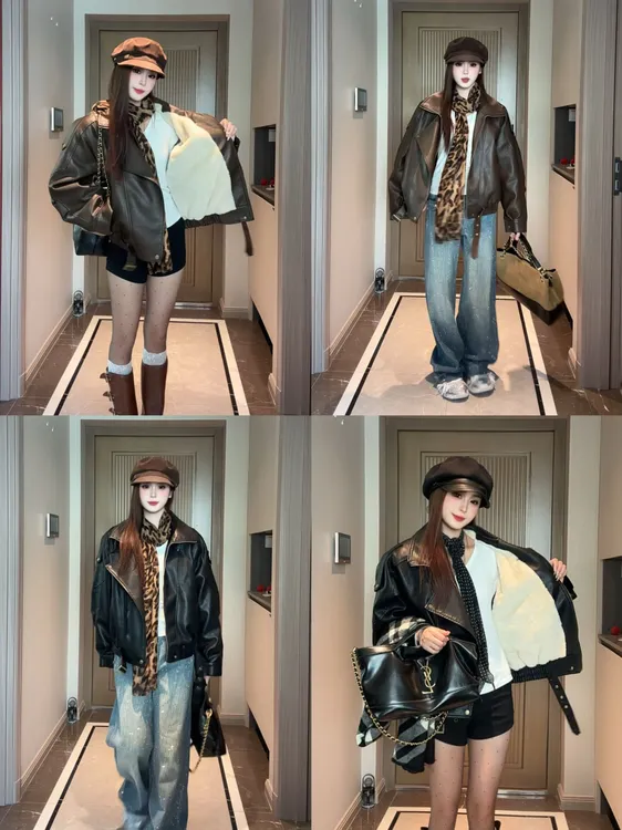 复古港风双层领男友风皮衣休闲机车服加绒加厚8208