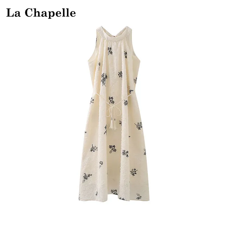 拉夏贝尔挂脖花朵刺绣连衣裙女气质甜美腰带高级感吊带裙夏季新款