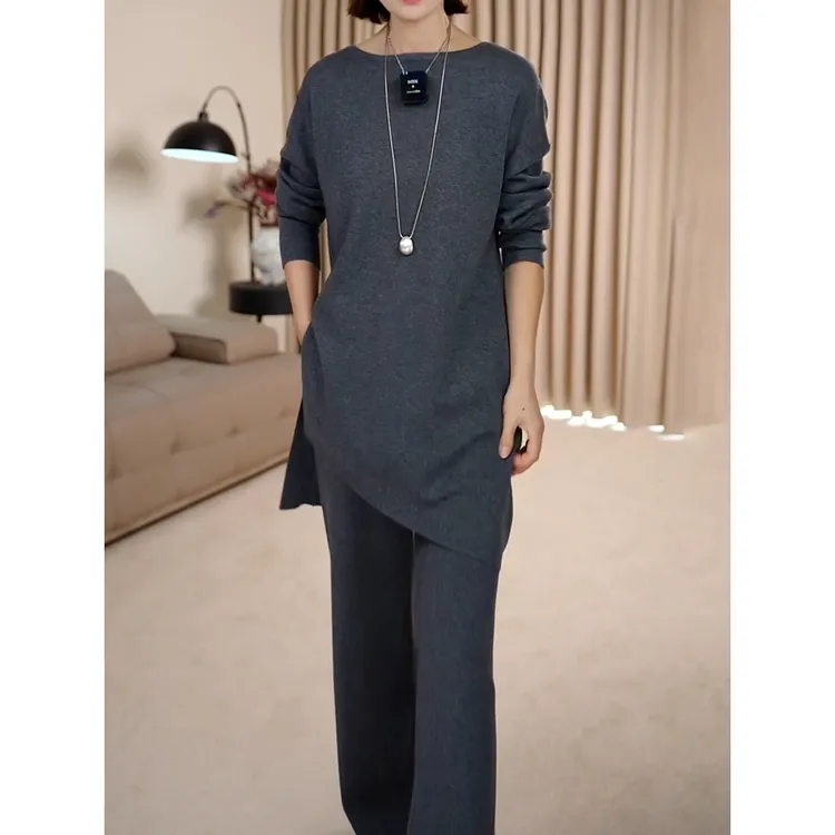 时尚轻奢高级感套装2025秋新款纯色宽松显瘦长袖针织衫+显瘦长裤