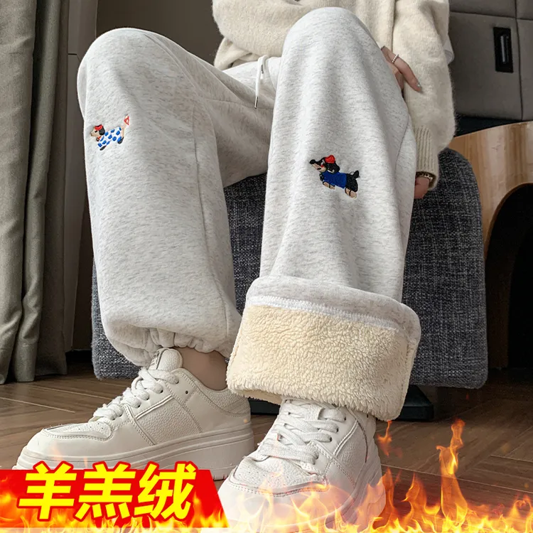 孕妇裤冬季刺绣腊肠狗加绒加厚休闲运动裤直筒阔腿卫裤运动长裤子