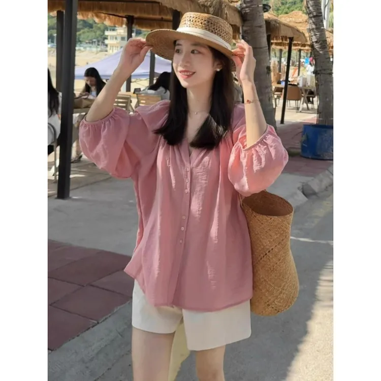 粉色慵懒风V领防晒衬衫上衣女夏季新款宽松薄款衬衣独特漂亮小衫