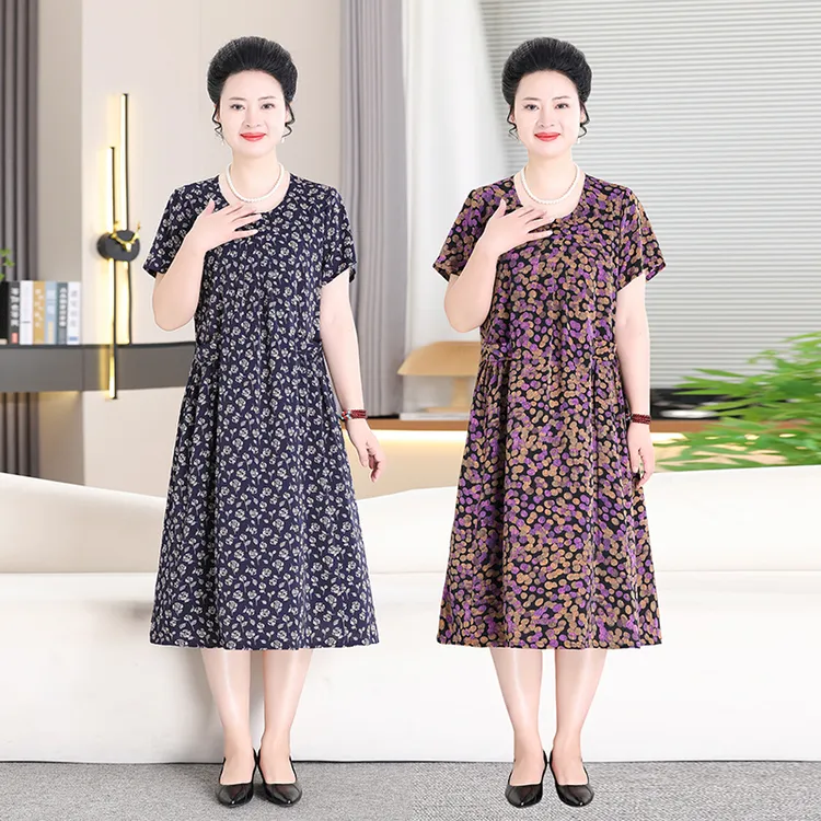 大码妈妈装夏季新款花色休闲连衣裙中老年人加肥加大裙子宽松2562