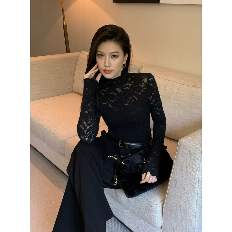 JIJINQ时尚常规秋冬修身长袖镂空蕾丝半高领紧身上衣JD10SZPT1824