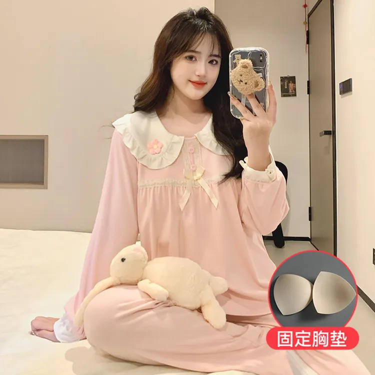 新款带胸垫德绒睡衣女春秋季长袖公主风甜美娃娃领秋冬家居服套装