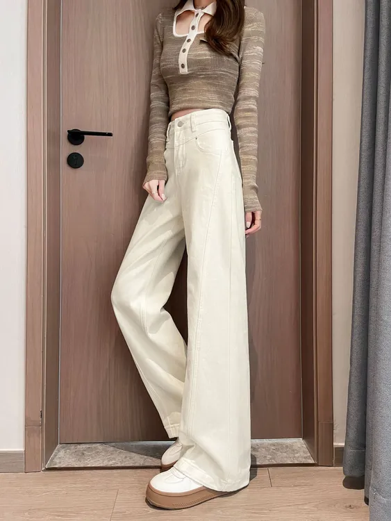 秋季25新款奶白色直筒窄版阔腿裤子女装牛仔裤加绒弹力女新款裤子