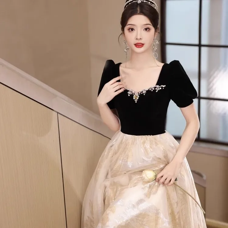 黑色晚礼服裙女拼接显瘦2025新款宴会主持人高端轻奢艺考生日裙子